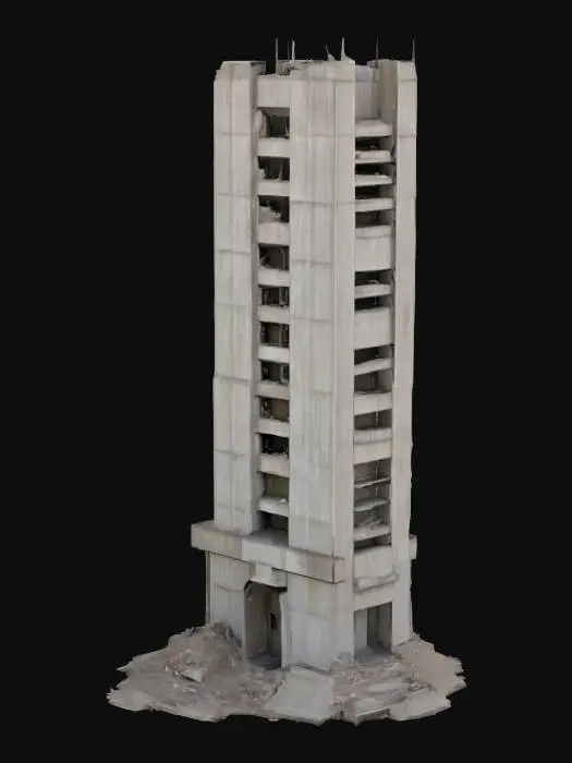 3D model for An imposing, unfinished skyscraper, its concrete skeleton partially exposed and stained with age, presents a rugged, brutalist aesthetic. Sections are clad with mismatched, dirty window panes, some shattered or missing, revealing dark, cavernous interiors. The building's surfaces show weathered concrete textures, with rebar protruding and debris scattered on ledges, giving it a decaying, rough tactile quality. Its shape is a tall, tapering rectangular tower, with stepped sections at the base, implying a partially completed or deconstructed form.