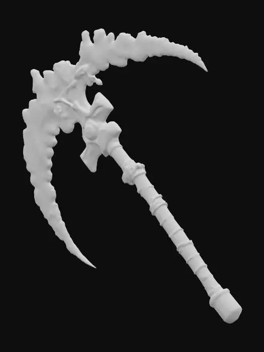 3D model for a scythe made of glasslike crystaline shards,  with a archaic and shiny silver and gold metalic handle covered in runes and leather wrap