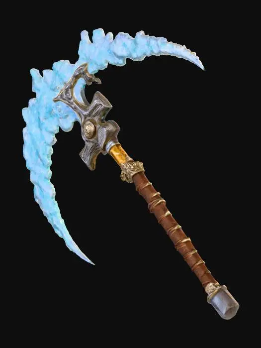 3D model for a scythe made of glasslike crystaline shards,  with a archaic and shiny silver and gold metalic handle covered in runes and leather wrap