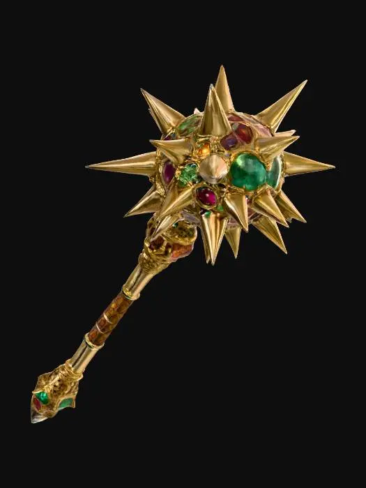 3D model for A spiked ball morningstar that has an ornate gold, white, and ruby encrusted handle. The flail is ceremonial, made of crystal, colored glass, and gives off reflective properties. It is made of stained glass.
