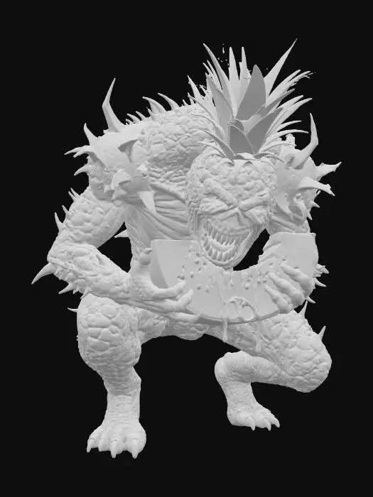 3D model for #food#, in the pose of Saturn Devouring His Son, a a lage monsterous ravenous pineapple titan monster eats a large slice of water melon. It's crazed eyes pierce the viewer.