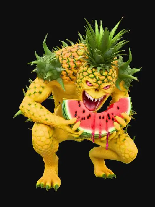 3D model for #food#, in the pose of Saturn Devouring His Son, a a lage monsterous ravenous pineapple titan monster eats a large slice of water melon. It's crazed eyes pierce the viewer.