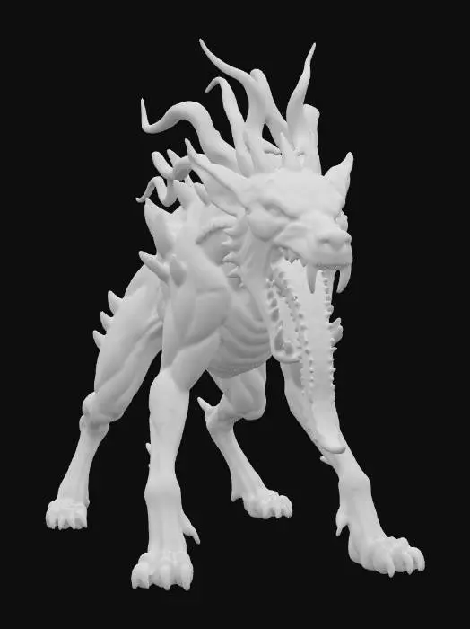 3D model for A vicious hellhound  with a large open mouth and long forked tongue, it's body is red with bone white highlights, eyeless, its legs are thin and muscular, and its back is covered in bone white spikes and pink fleshy spinelike tendril like mane, on a white background