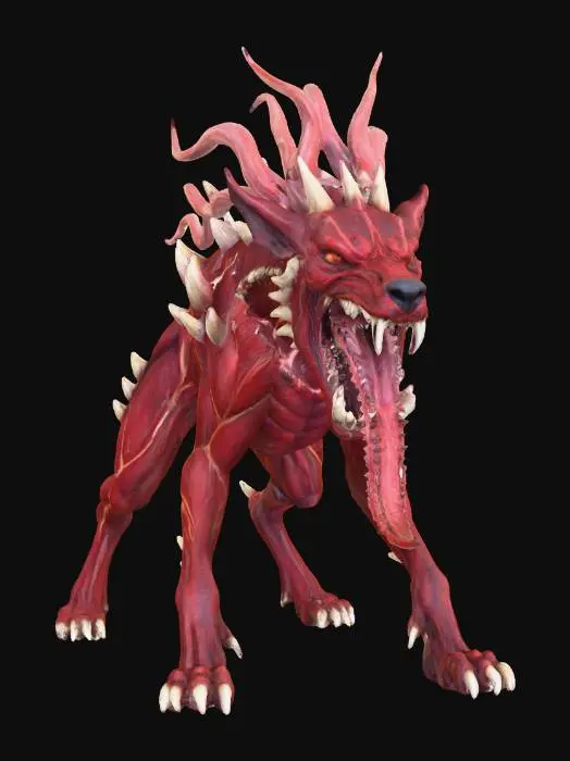 3D model for A vicious hellhound  with a large open mouth and long forked tongue, it's body is red with bone white highlights, eyeless, its legs are thin and muscular, and its back is covered in bone white spikes and pink fleshy spinelike tendril like mane, on a white background