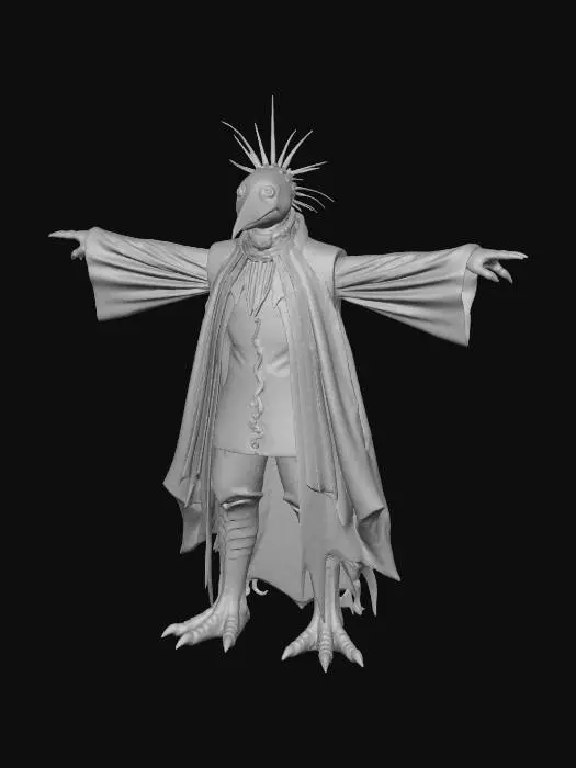 3D model for A gaunt, bird-headed creature stands hunched, wearing a tattered dark fabric gown with puffy sleeves. Its elongated head features a sharp, pointed beak and a single prominent horn-like crest amidst messy, spiky strands on its crown. A large, simple eye gazes forward. Its slender arms end in gnarled, clawed hands.  Below the flowing dress, scaly, bird-like legs terminate in large, sharp talons.

T pose