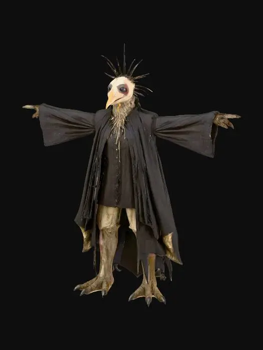 3D model for A gaunt, bird-headed creature stands hunched, wearing a tattered dark fabric gown with puffy sleeves. Its elongated head features a sharp, pointed beak and a single prominent horn-like crest amidst messy, spiky strands on its crown. A large, simple eye gazes forward. Its slender arms end in gnarled, clawed hands.  Below the flowing dress, scaly, bird-like legs terminate in large, sharp talons.

T pose