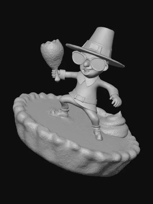 3D model for Please make a pilgrim surfing on a giant pumpkin pie, he is wearing red and yelow wrap around sunglasses and holding a turkey drum stuck in his hand #Thanksgiving#