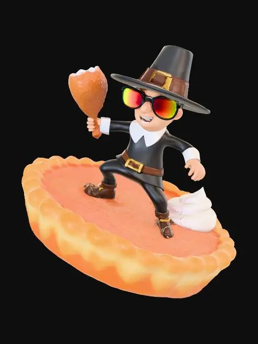 3D model for Please make a pilgrim surfing on a giant pumpkin pie, he is wearing red and yelow wrap around sunglasses and holding a turkey drum stuck in his hand #Thanksgiving#