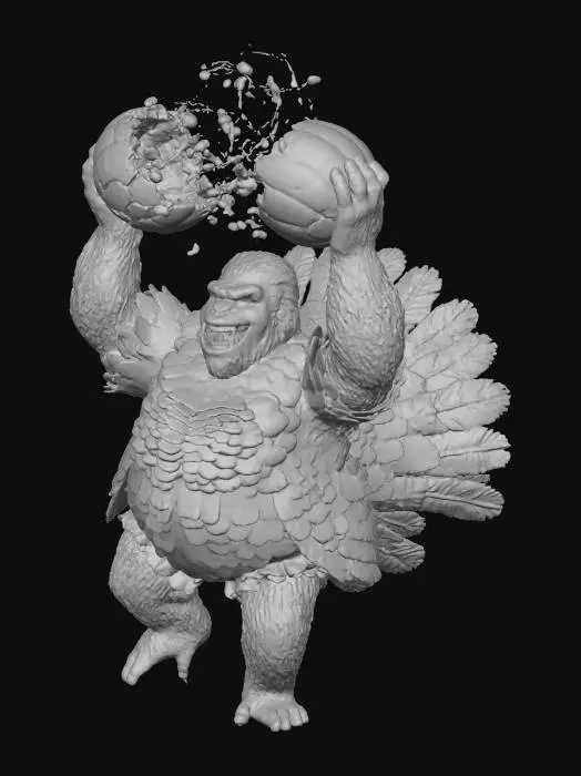 3D model for Crazed ape wearing a turkey suit smashing two pumpkins over its head