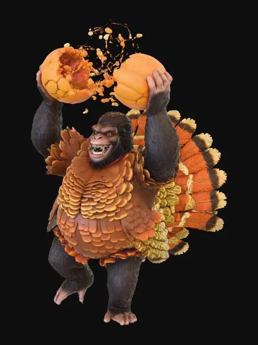 3D model for Crazed ape wearing a turkey suit smashing two pumpkins over its head