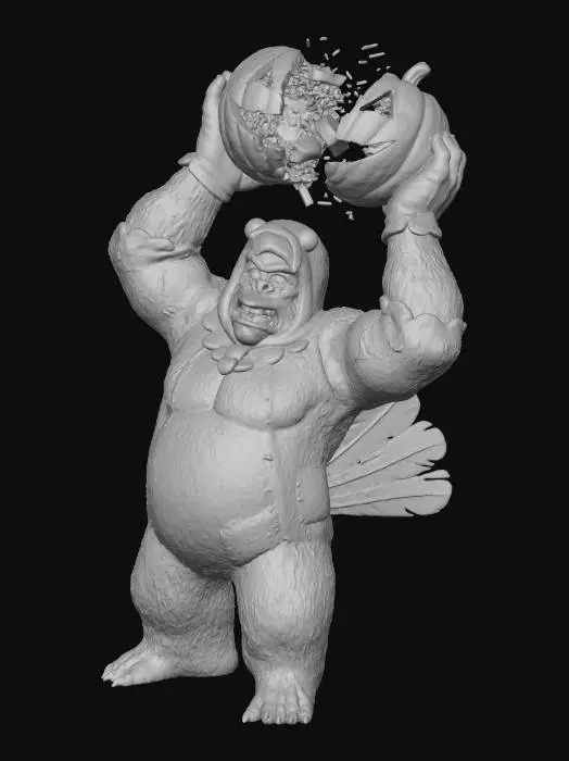 3D model for Crazed ape wearing a turkey suit smashing two pumpkins over its head