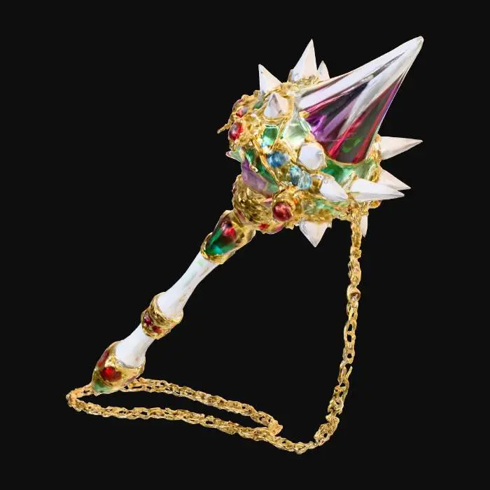 3D model for A spiked ball flail that has an ornate gold, white, and ruby encrusted handle. The flail is ceremonial, made of crystal, colored glass, and gives off reflective properties. It is made of stained glass. The chain conecting the handle the flail is made of gold.