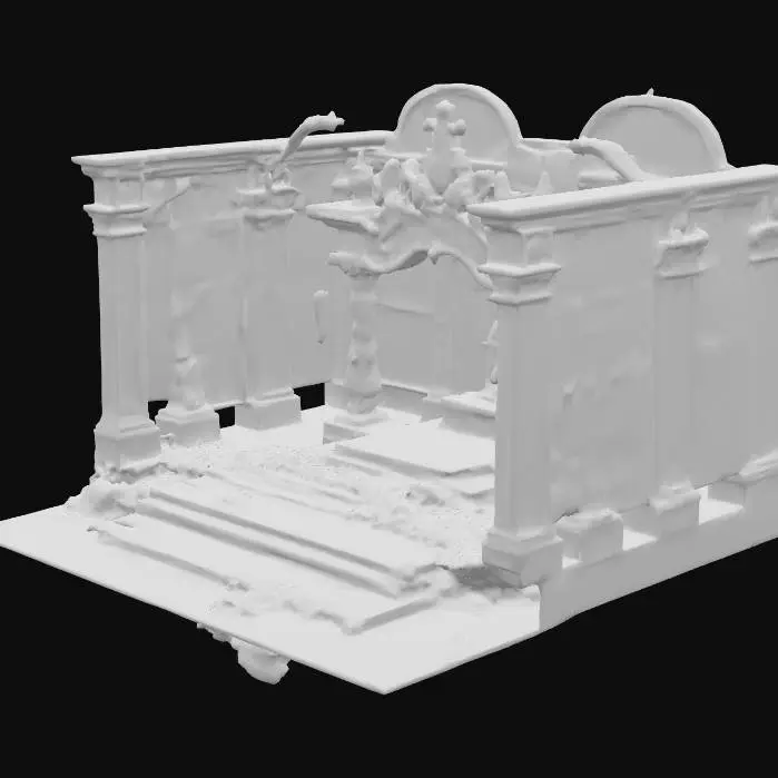 3D model for #PBR#, A large ornate, but ruined, golden altar. it is covered in small red rubies, which are surround by ornate patterns etched in the gold leaf textured imprints on the borders of this altar. The altar sits inside a semi circle of blue and green jewels, which tower over the altar. the stairs leading up the altar are crumbling, but made of pure white marble. Through the crumbling marble, moss can be seen growning on the gray stone underneath the marble. The metal, although tarnished frm time, gleams through aon the alter and lower levels where worshipers have been, rubbing away the tarnish. Awe inspiring, epic, grand in feeling.