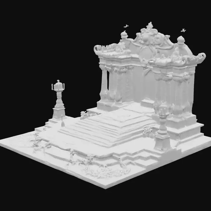 3D model for #PBR#, A large ornate, but ruined, golden altar. it is covered in small red rubies, which are surround by ornate patterns etched in the gold leaf textured imprints on the borders of this altar. The altar sits inside a semi circle of blue and green jewels, which tower over the altar. the stairs leading up the altar are crumbling, but made of pure white marble. Through the crumbling marble, moss can be seen growning on the gray stone underneath the marble. The metal, although tarnished frm time, gleams through aon the alter and lower levels where worshipers have been, rubbing away the tarnish. Awe inspiring, epic, grand in feeling.