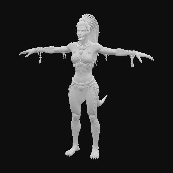 3D model for Raptor huntress humanoid, with long dreads bundled in a rough ponytail. She is more human than raptor, but has visible scales, raptor claws for hands, human feet, and a tail. She has a humanlike face with sharp teeth. Her scales are blue with red accents. She is wearing a leather bikini with rough gem and bead braclets and necklaces with bones. standing in a t pose.