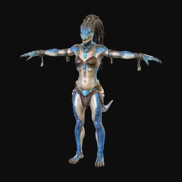 3D model for Raptor huntress humanoid, with long dreads bundled in a rough ponytail. She is more human than raptor, but has visible scales, raptor claws for hands, human feet, and a tail. She has a humanlike face with sharp teeth. Her scales are blue with red accents. She is wearing a leather bikini with rough gem and bead braclets and necklaces with bones. standing in a t pose.