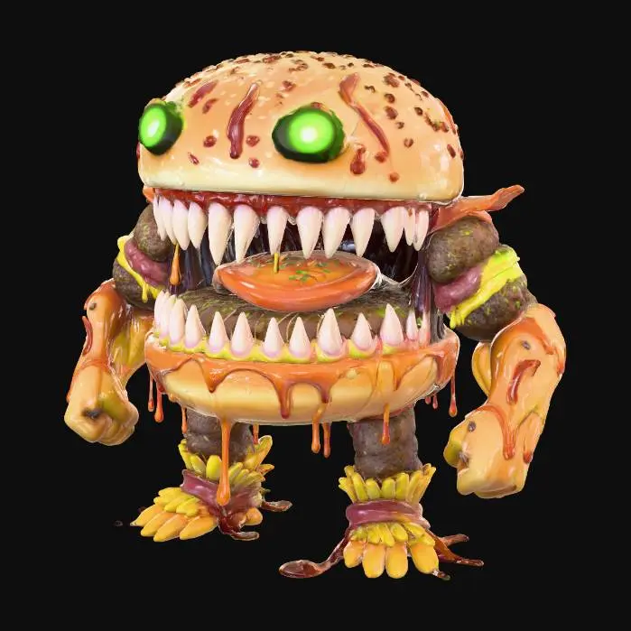 3D model for #food#, Please make an Image of a burger that has 2 arms 2 feet and massive white sharp teeth, it looks as if it has come to life as a vicious, larger than life monster. It's tongue is a tomato slice and it's eyes are crinkle cut pickles. The bun has sesame seeds on top. Its teeth are large pieces of onion. It is covered in sauce.