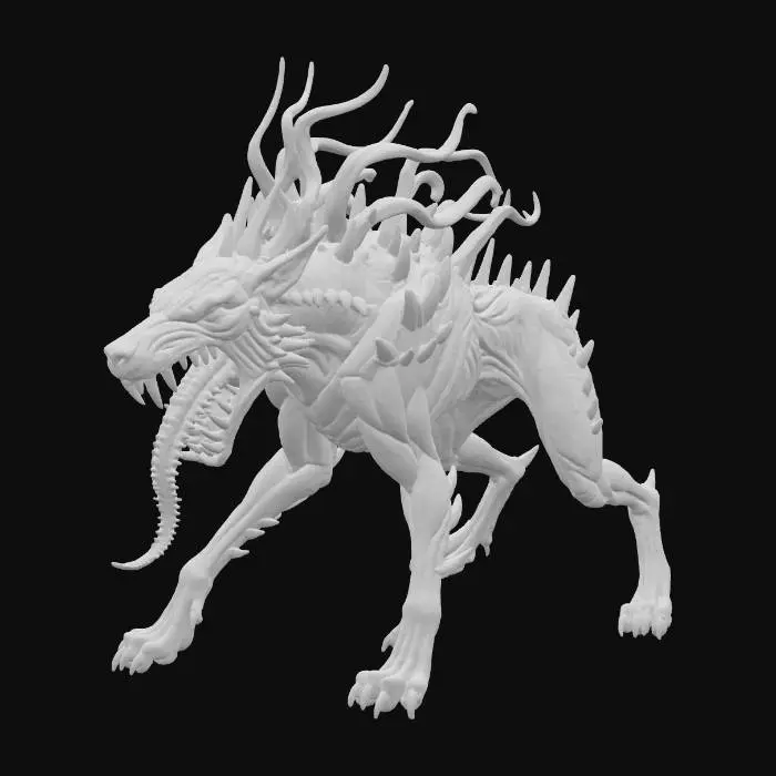 3D model for A vicious hellhound  with a large open mouth and long forked tongue, it's body is red with bone white highlights, eyeless, its legs are thin and muscular, and its back is covered in bone white spikes and pink fleshy spinelike tendril like mane, on a white background
