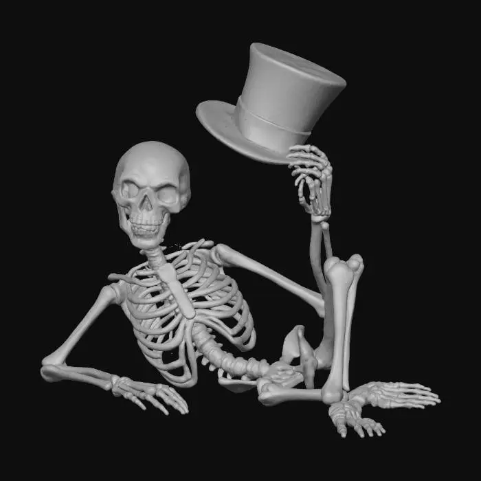 3D model for Please create a skeleton laying down on its side, with glowing red eyes, natural white yellow bones, with a smile, and a large top hat lifted in the air by its hand in a greeting, it's right hand is laid down in front of it. this skeleton goes by the name Mr. Bones. , #villain#