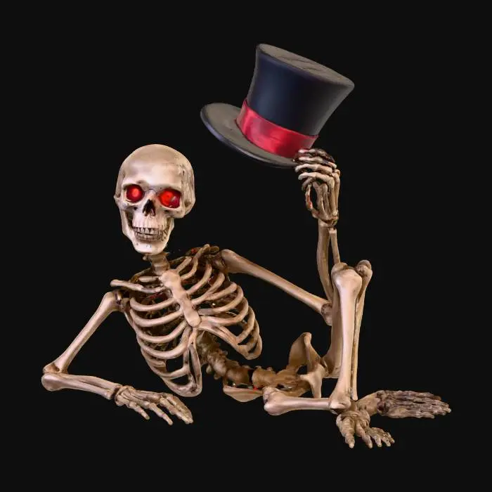 3D model for Please create a skeleton laying down on its side, with glowing red eyes, natural white yellow bones, with a smile, and a large top hat lifted in the air by its hand in a greeting, it's right hand is laid down in front of it. this skeleton goes by the name Mr. Bones. , #villain#