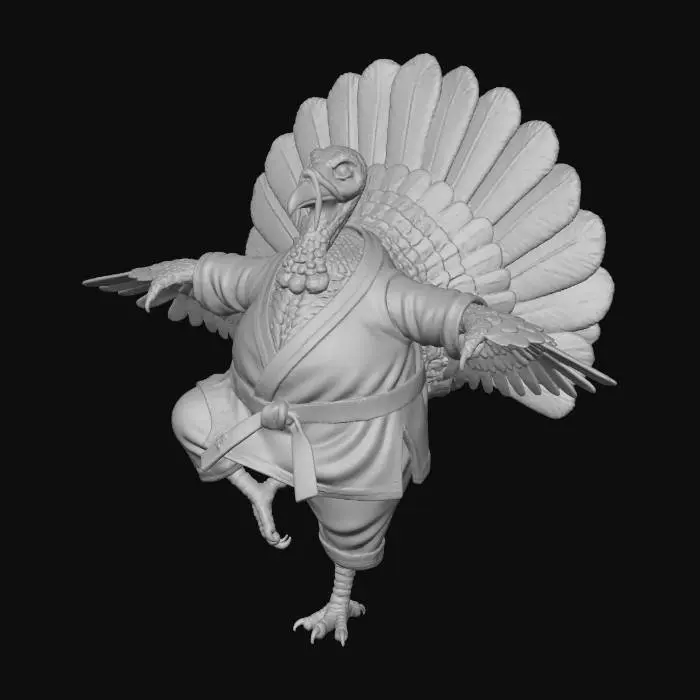 3D model for #Thanksgiving#, A plump turkey wearing a karate uniform with a black belt in a crane kick position. It has it's turkey tail.