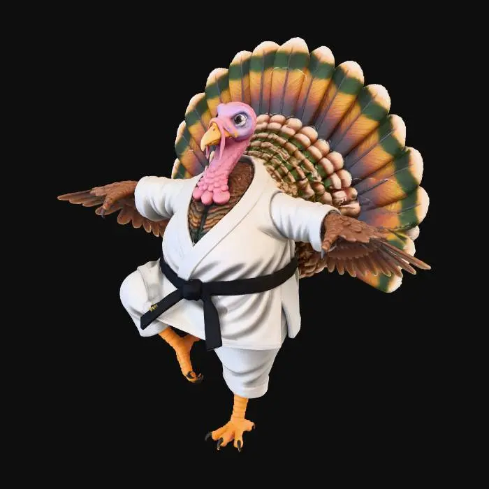 3D model for #Thanksgiving#, A plump turkey wearing a karate uniform with a black belt in a crane kick position. It has it's turkey tail.