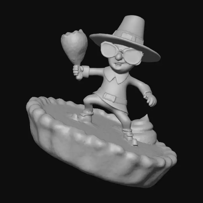 3D model for Please make a pilgrim surfing on a giant pumpkin pie, he is wearing red and yelow wrap around sunglasses and holding a turkey drum stuck in his hand #Thanksgiving#