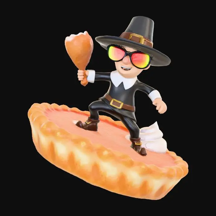 3D model for Please make a pilgrim surfing on a giant pumpkin pie, he is wearing red and yelow wrap around sunglasses and holding a turkey drum stuck in his hand #Thanksgiving#