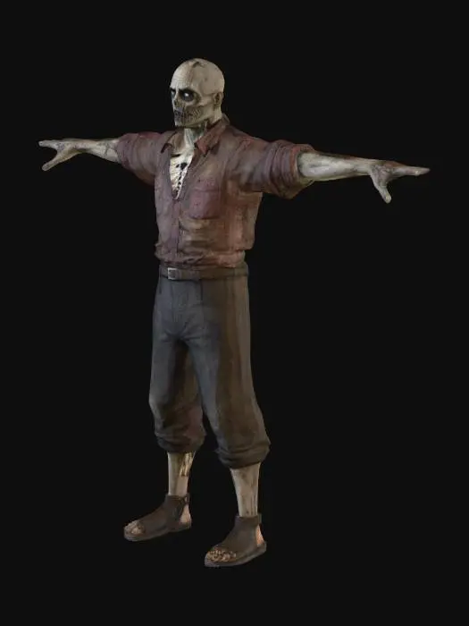 3D model for dark fantasy, grim, zombie, living dead farmer, torn shirt and clothes, medieval style, detailed face, T-pose, symmetry, realistic, extremely detailed, high resolution texture