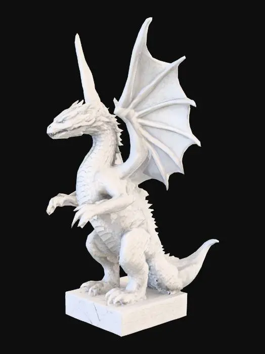 3D model for statue, dragon standing with wings spread, low poly, high detail, realistic, 4k, solid white stone texture