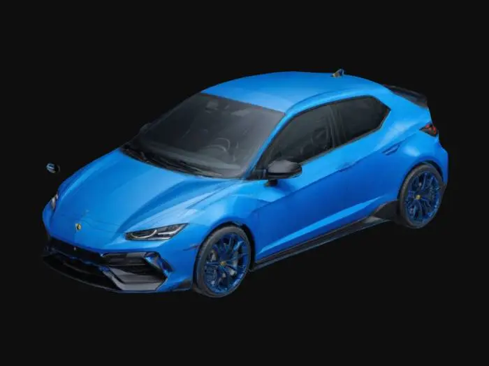 3D model for blue 2020s compact hatchback, design by lamborghini