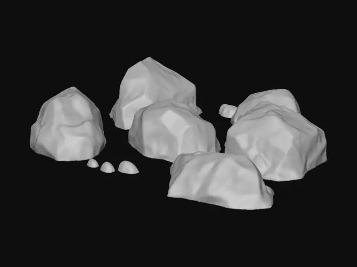 3D model for Create a stylized 3D isometric rock set (game props) matching the same League of Legends / Supervive-inspired hand-painted + cel-shaded art direction. Produce 3–5 variations of rocks/boulders with chunky readable shapes and strong silhouettes (one small, one medium, one large, plus a couple irregular clusters). Use clean planes, slightly exaggerated edges and bevels, soft gradient ramp shading, crisp ambient occlusion, subtle outline accents. Surface detail: stylized stratification layers, chipped edges, small cracks, a few moss patches and tiny pebbles, but no unique landmark markings. Color: neutral gray with warm/cool variation, mossy greens kept subtle. Consistent isometric/top-down lighting, neutral studio background, high resolution, sharp focus.