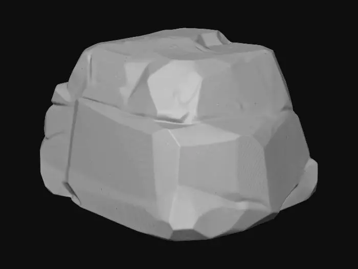 3D model for Create a stylized 3D isometric single boulder (game prop) matching the same League of Legends / Supervive-inspired hand-painted + cel-shaded art direction. One rock only, medium size, with a strong readable silhouette: chunky form, clear planes, slightly exaggerated bevels and edges. Use soft gradient ramp shading, crisp ambient occlusion, subtle outline accents. Surface detail: a few stylized cracks, chipped corners, light stratification hints, tiny moss patches kept subtle—no unique markings. Neutral gray with slight warm/cool variation. Consistent isometric/top-down lighting, neutral studio background, high resolution, sharp focus.