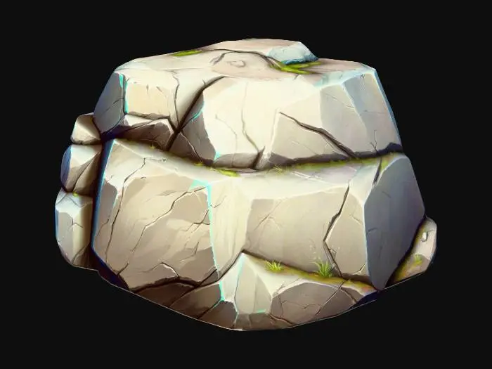 3D model for Create a stylized 3D isometric single boulder (game prop) matching the same League of Legends / Supervive-inspired hand-painted + cel-shaded art direction. One rock only, medium size, with a strong readable silhouette: chunky form, clear planes, slightly exaggerated bevels and edges. Use soft gradient ramp shading, crisp ambient occlusion, subtle outline accents. Surface detail: a few stylized cracks, chipped corners, light stratification hints, tiny moss patches kept subtle—no unique markings. Neutral gray with slight warm/cool variation. Consistent isometric/top-down lighting, neutral studio background, high resolution, sharp focus.