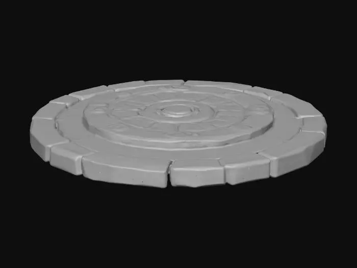 3D model for Create a stylized 3D isometric “item purchase pad / shop platform” (game prop) in the same League of Legends / Supervive-inspired hand-painted + cel-shaded art direction. Design: a circular stone dais with 2–3 stepped rings, slightly raised center, and a subtle magical rune circle engraved on top (clean readable shapes, not overly complex). Add small details that sell “shop” without clutter: a few embedded gems or metal inlays, faint glowing seams, and worn stone edges—no unique landmark props (no banners, no NPC, no big statues). Use soft gradient ramp shading, crisp ambient occlusion, subtle outline accents, clean edge highlights. Color: cool gray stone with warm accents, rune glow in a single accent color. Game-ready, medium-high detail, clear silhouette, consistent isometric/top-down l