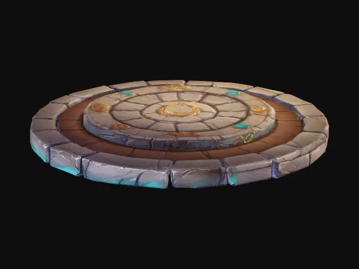 3D model for Create a stylized 3D isometric “item purchase pad / shop platform” (game prop) in the same League of Legends / Supervive-inspired hand-painted + cel-shaded art direction. Design: a circular stone dais with 2–3 stepped rings, slightly raised center, and a subtle magical rune circle engraved on top (clean readable shapes, not overly complex). Add small details that sell “shop” without clutter: a few embedded gems or metal inlays, faint glowing seams, and worn stone edges—no unique landmark props (no banners, no NPC, no big statues). Use soft gradient ramp shading, crisp ambient occlusion, subtle outline accents, clean edge highlights. Color: cool gray stone with warm accents, rune glow in a single accent color. Game-ready, medium-high detail, clear silhouette, consistent isometric/top-down l