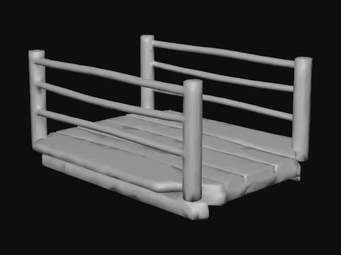 3D model for Create a stylized 3D isometric wooden bridge (game prop) in the same League of Legends / Supervive-inspired hand-painted + cel-shaded art direction. Design: a small to medium plank bridge, slightly arched or flat, with visible individual wooden planks, thick supporting beams underneath, and simple rope or wooden railings if needed. Use chunky readable shapes, slightly exaggerated edges, soft gradient ramp shading, crisp ambient occlusion, subtle outline accents, and clear edge highlights. Materials: warm brown wood with stylized grain and worn edges, occasional nail/metal detail minimal. Game-ready, medium-high detail, clear silhouette, consistent isometric/top-down lighting, neutral studio background, high resolution, sharp focus.