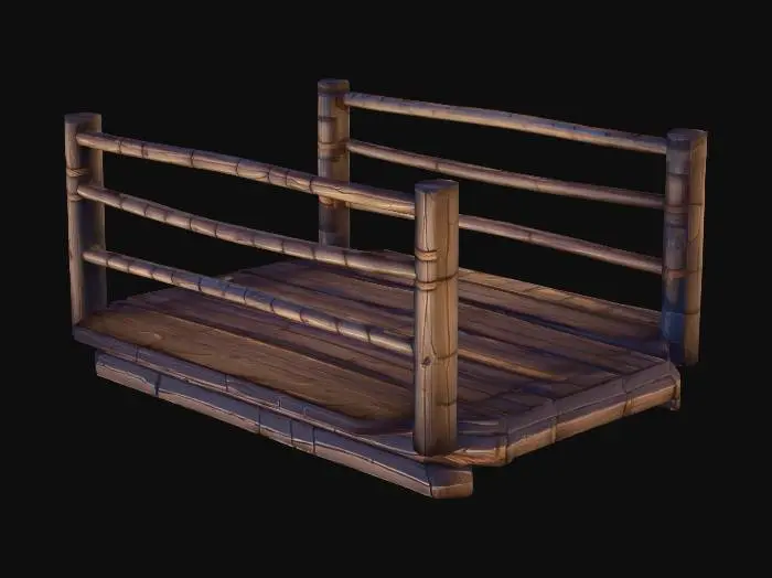 3D model for Create a stylized 3D isometric wooden bridge (game prop) in the same League of Legends / Supervive-inspired hand-painted + cel-shaded art direction. Design: a small to medium plank bridge, slightly arched or flat, with visible individual wooden planks, thick supporting beams underneath, and simple rope or wooden railings if needed. Use chunky readable shapes, slightly exaggerated edges, soft gradient ramp shading, crisp ambient occlusion, subtle outline accents, and clear edge highlights. Materials: warm brown wood with stylized grain and worn edges, occasional nail/metal detail minimal. Game-ready, medium-high detail, clear silhouette, consistent isometric/top-down lighting, neutral studio background, high resolution, sharp focus.