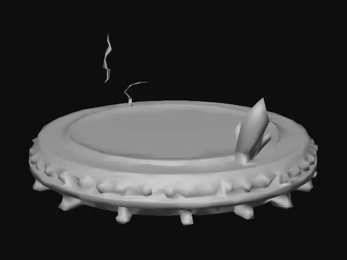 3D model for A stylized, circular jump pad or trampoline designed as a static 3D prop. The pad is perfectly round, slightly elevated, with a flexible surface exaggerated in curvature to suggest bounce. The rim is reinforced with stylized materials: wood, metal, or enchanted stone, with glowing runes, magical sigils, or small decorative elements around the edge.

The trampoline is surrounded by fantasy details: floating crystals, soft energy glows, small vines, or magical sparks hovering just above the surface. The object is static but clearly conveys its interactive purpose. The design is playful, whimsical, and readable from all angles.

Textures are hand-painted or cell-shaded, with bold color separation, clean highlights, and subtle shadows. Lighting is soft and even, enhancing shape and curvature w