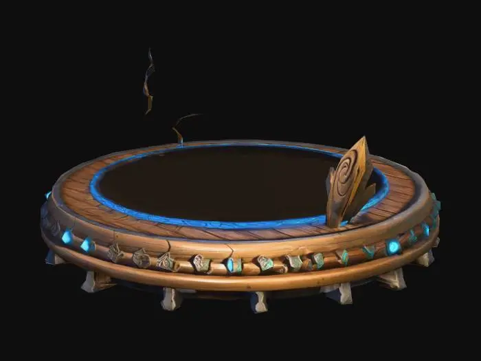 3D model for A stylized, circular jump pad or trampoline designed as a static 3D prop. The pad is perfectly round, slightly elevated, with a flexible surface exaggerated in curvature to suggest bounce. The rim is reinforced with stylized materials: wood, metal, or enchanted stone, with glowing runes, magical sigils, or small decorative elements around the edge.

The trampoline is surrounded by fantasy details: floating crystals, soft energy glows, small vines, or magical sparks hovering just above the surface. The object is static but clearly conveys its interactive purpose. The design is playful, whimsical, and readable from all angles.

Textures are hand-painted or cell-shaded, with bold color separation, clean highlights, and subtle shadows. Lighting is soft and even, enhancing shape and curvature w