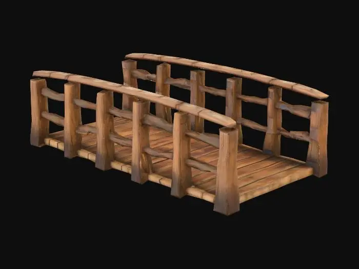 3D model for 3D model of a wooden bridge, MOBA fantasy style, inspired by League of Legends and Survive. Weathered wooden planks, sturdy wooden supports, slightly exaggerated cartoonish proportions for readability, colorful fantasy shading, high poly with detailed textures, subtle mystical accents, cinematic lighting.