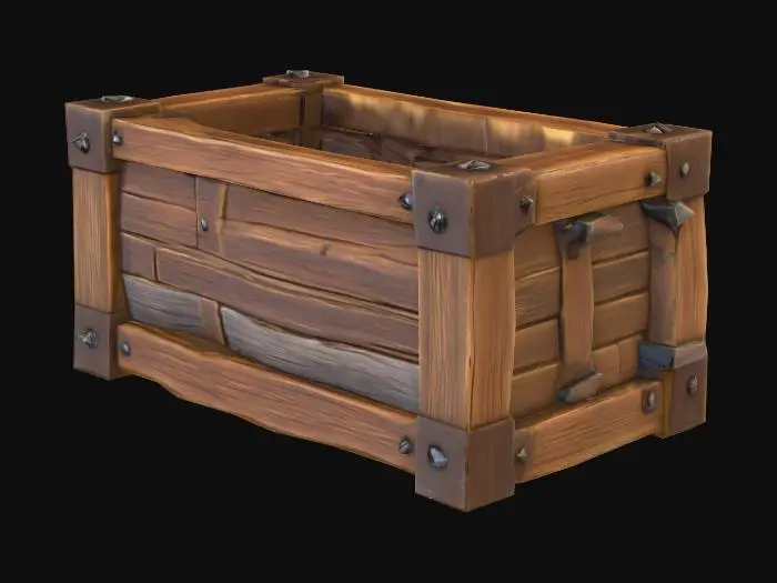 3D model for 3D model of a wooden crate, MOBA fantasy style, inspired by League of Legends and Survive. Stylized worn wood, metal reinforcements with subtle rust, exaggerated proportions for readability, colorful fantasy shading, high poly detailed textures, slight mystical accents, suitable for interactive in-game object, clear silhouette, dynamic lighting.