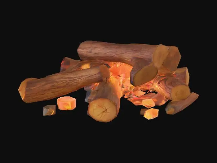 3D model for 3D model of a campfire, MOBA fantasy style, inspired by League of Legends and Survive. Stylized logs arranged with realistic fire, glowing embers, subtle smoke, slightly exaggerated proportions for readability, colorful fantasy lighting, high poly textures, suitable for in-game environment, atmospheric glow.
