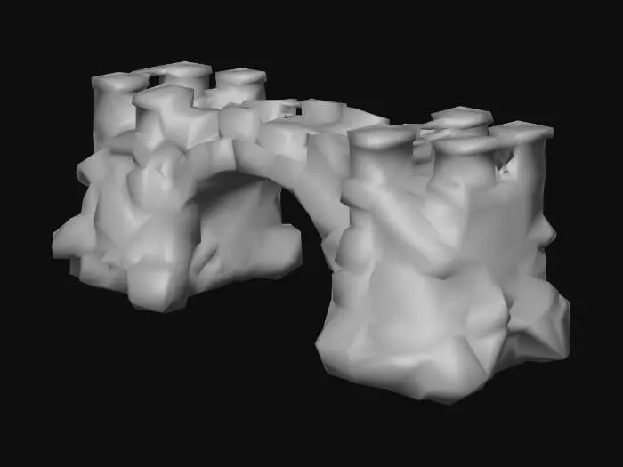 3D model for 3D model of a stone bridge, MOBA fantasy style, inspired by League of Legends and Survive. Stylized stones with worn texture, slight cracks, subtle moss details, exaggerated fantasy proportions for readability, high poly detail, colorful shading, suitable for in-game environment, atmospheric lighting.