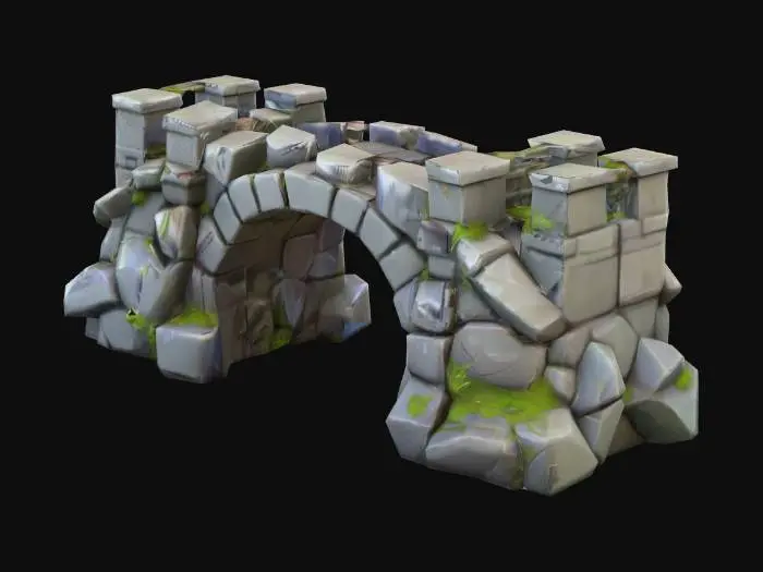 3D model for 3D model of a stone bridge, MOBA fantasy style, inspired by League of Legends and Survive. Stylized stones with worn texture, slight cracks, subtle moss details, exaggerated fantasy proportions for readability, high poly detail, colorful shading, suitable for in-game environment, atmospheric lighting.