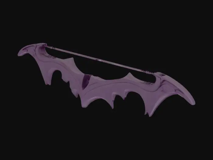 3D model for Stylized fantasy bow only for a MOBA/cartoon game. Compact bow with a thick, exaggerated silhouette and a strong forward curve. The limbs are wide, chunky, and slightly asymmetrical, ending in semi-rounded, blunt tips instead of sharp points. Matte dark material (black or dark gray), smooth surfaces with very minimal engravings. The grip is short, thick, and slightly angular, optimized for visual readability rather than realism. Simple bowstring, no arrow, no quiver. No glow, no particles, no magical effects. Subtle muted color accents (red or dark purple) near the grip or limb joints. Bold, clean, non-realistic MOBA-style design with a clear silhouette.