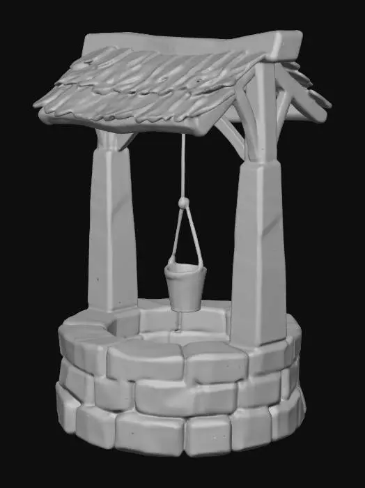 3D model for Create a stylized 3D isometric stone well (game prop) matching the same League of Legends / Supervive-inspired hand-painted + cel-shaded art direction. The well is circular with chunky readable shapes: stacked stone ring with slightly exaggerated bevels, a simple wooden roof frame (two posts + crossbeam) and a small winch with rope; optional bucket hanging. Materials: warm gray stones with subtle variation and mortar hints, worn edges, a few chips; wood with stylized grain; metal fasteners minimal. Use soft gradient ramp shading, crisp ambient occlusion, subtle outline accents, clean edge highlights. Keep it game-ready, medium-high detail, clear silhouette, consistent isometric/top-down lighting, neutral studio background, high resolution, sharp focus.