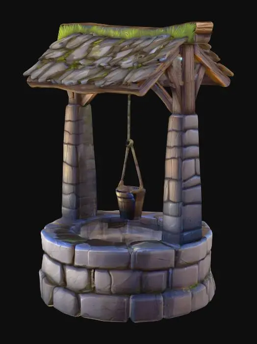 3D model for Create a stylized 3D isometric stone well (game prop) matching the same League of Legends / Supervive-inspired hand-painted + cel-shaded art direction. The well is circular with chunky readable shapes: stacked stone ring with slightly exaggerated bevels, a simple wooden roof frame (two posts + crossbeam) and a small winch with rope; optional bucket hanging. Materials: warm gray stones with subtle variation and mortar hints, worn edges, a few chips; wood with stylized grain; metal fasteners minimal. Use soft gradient ramp shading, crisp ambient occlusion, subtle outline accents, clean edge highlights. Keep it game-ready, medium-high detail, clear silhouette, consistent isometric/top-down lighting, neutral studio background, high resolution, sharp focus.