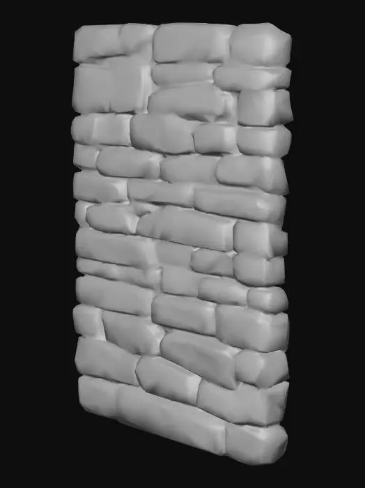 3D model for A stylized vertical rock wall designed as a modular 3D tile for seamless repetition. The wall is perfectly upright, intended to be used as a vertical surface in level design.

The surface is composed of large, simplified rock blocks and stratified stone forms, with shallow depth and controlled relief. Details are broad and clean, avoiding thin cracks or deep cavities that would create visual noise when tiled repeatedly.

The pattern is non-directional and evenly distributed, with no dominant features that would reveal repetition when placed side by side. The top, bottom, and side edges are neutral and tileable, allowing seamless stacking both horizontally and vertically.

Art style: light cell shading, clean color transitions, minimal texture noise. Stylized fantasy environment inspired by