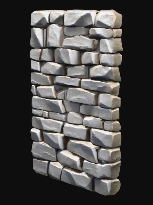 3D model for A stylized vertical rock wall designed as a modular 3D tile for seamless repetition. The wall is perfectly upright, intended to be used as a vertical surface in level design.

The surface is composed of large, simplified rock blocks and stratified stone forms, with shallow depth and controlled relief. Details are broad and clean, avoiding thin cracks or deep cavities that would create visual noise when tiled repeatedly.

The pattern is non-directional and evenly distributed, with no dominant features that would reveal repetition when placed side by side. The top, bottom, and side edges are neutral and tileable, allowing seamless stacking both horizontally and vertically.

Art style: light cell shading, clean color transitions, minimal texture noise. Stylized fantasy environment inspired by